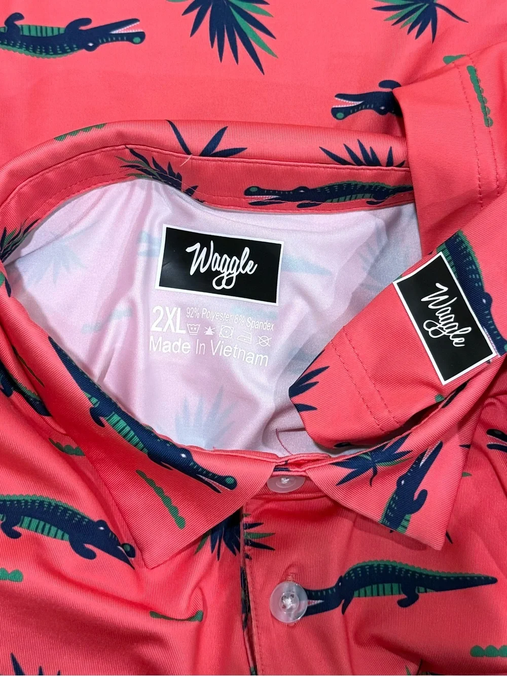 Waggle Chubbs Performance Golf Polo in Pink Coral Tropical Alligator - Picture 4 of 5